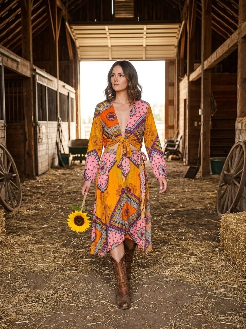 Patchwork Tie-Front Midi Dress in Mustard and Pink SET